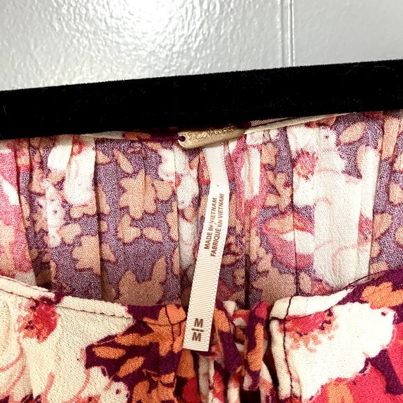 Free People Red Fruit Punch Sweet Memories Smocked Waist Boho Blouse M - Picture 3 of 7